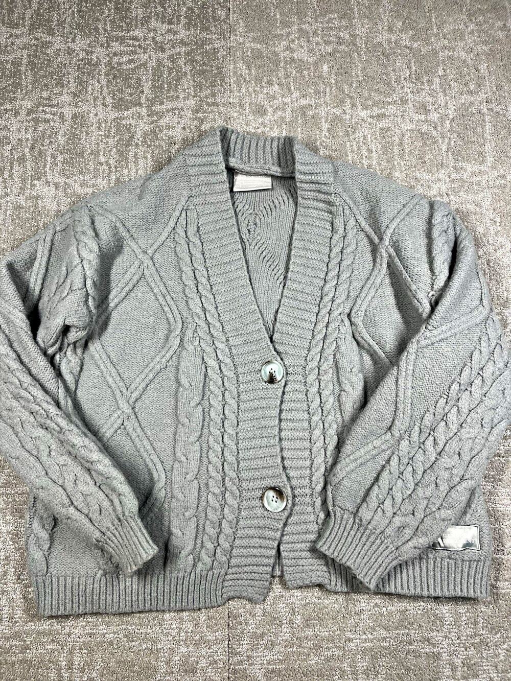 Taylor Swift Tortured Poets Dept Gray Cable Knit Button Front V-Neck Cardigan XS